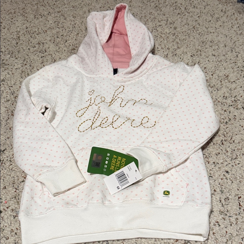 John Deere White Hoodie with Pink Polka Dots and Gold Script